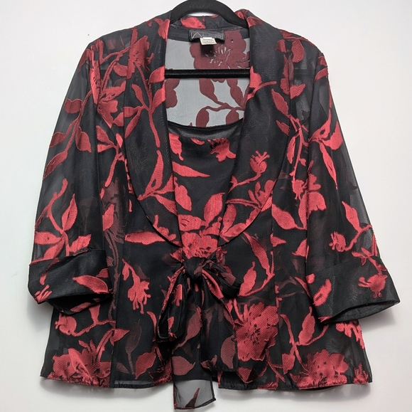 Alex Evenings Metallic Sheer Floral Red Black Burnout Chiffon Jacket & Cami Set - Picture 4 of 16